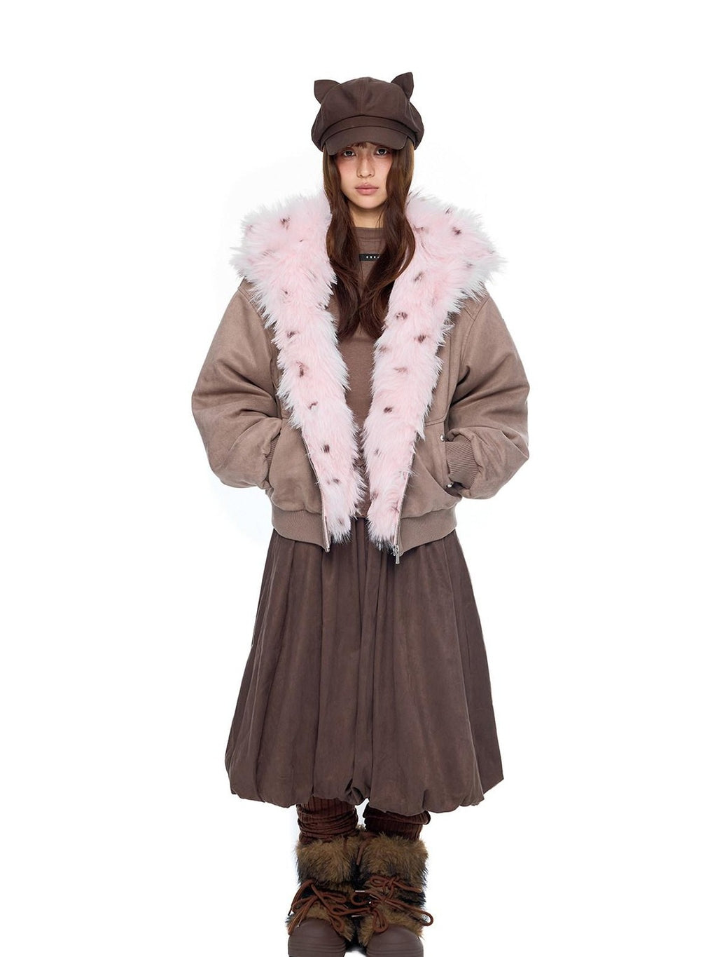 EZEK Cat Ear Fuzzy Hooded Zipper Women's Faux Suede Puffer Jackets