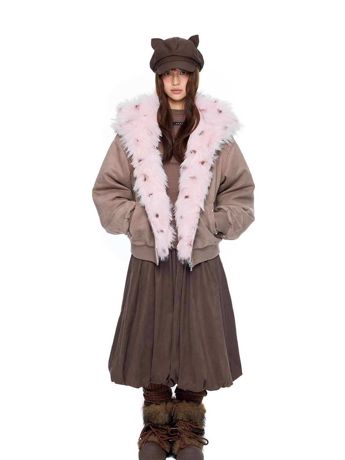 EZEK Cat Ear Fuzzy Hooded Zipper Women's Faux Suede Puffer Jackets