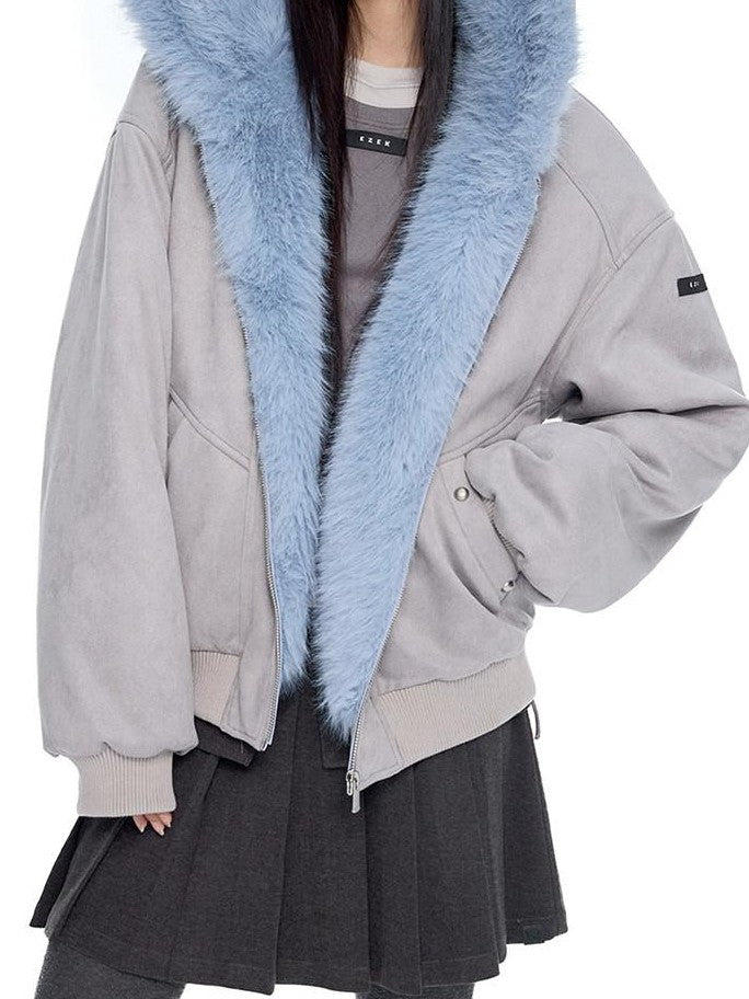 EZEK Cat Ear Fuzzy Hooded Zipper Women's Faux Suede Puffer Jackets
