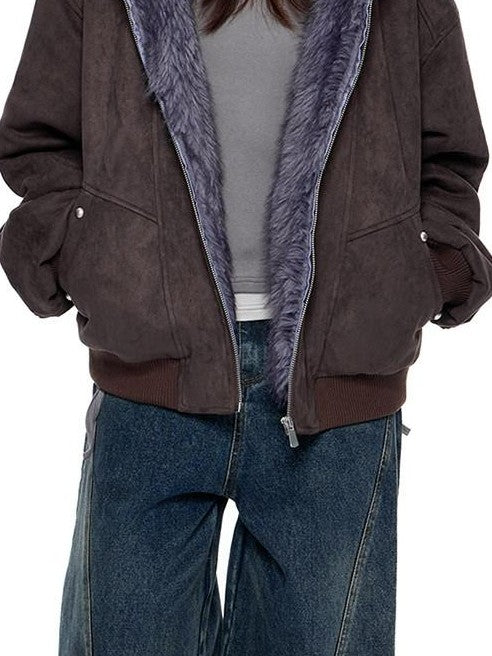 EZEK Cat Ear Fuzzy Hooded Zipper Women's Faux Suede Puffer Jackets