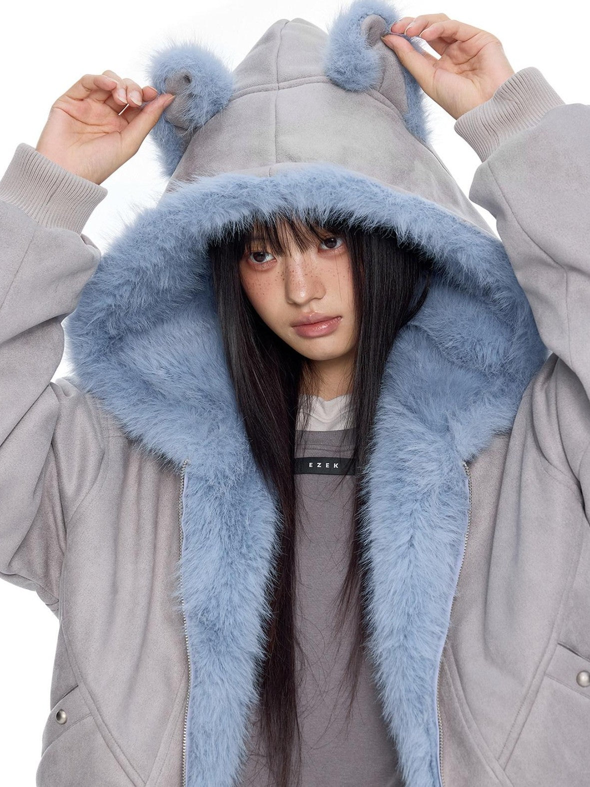 EZEK Cat Ear Fuzzy Hooded Zipper Women's Faux Suede Puffer Jackets