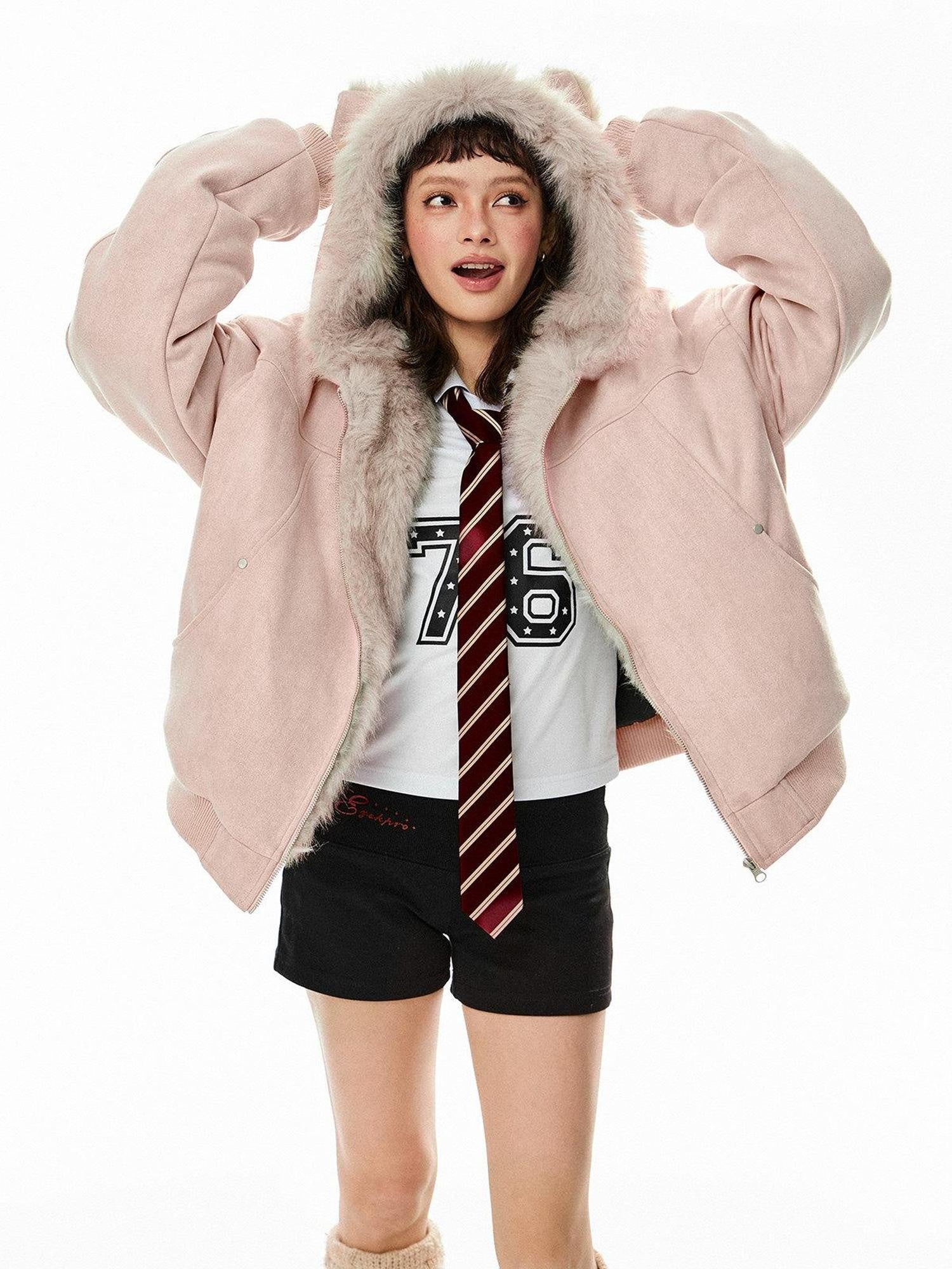 EZEK Cat Ear Hood Embroidered Women's Faux Suede Faux Fur Puffer Jackets