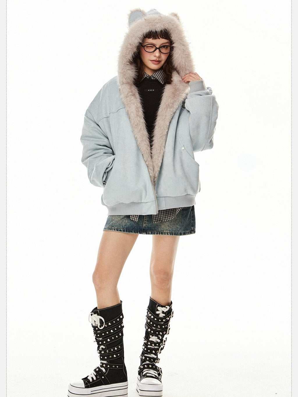 EZEK Cat Ear Hood Embroidered Women's Faux Suede Faux Fur Puffer Jackets