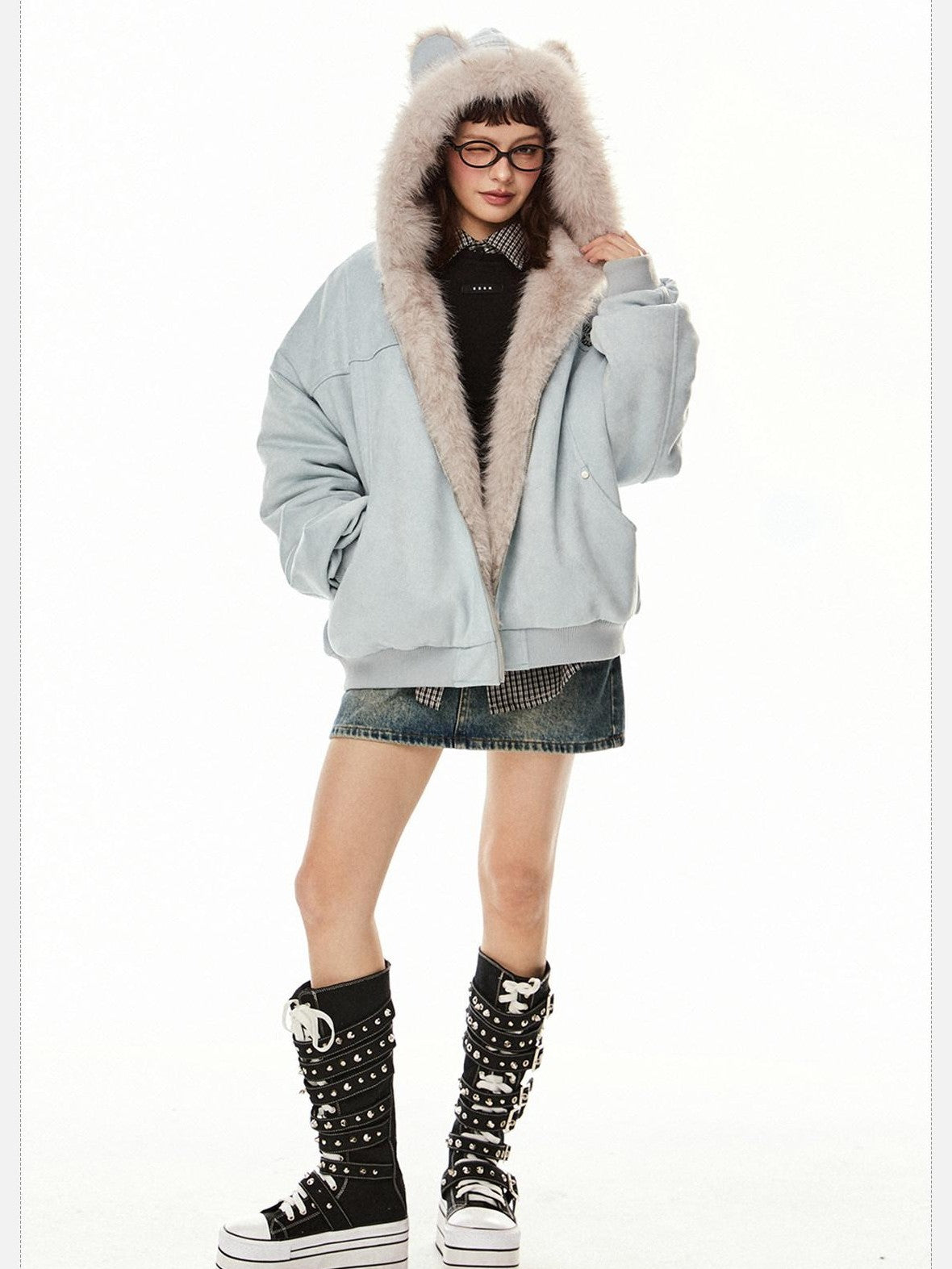 EZEK Cat Ear Hood Embroidered Women's Faux Suede Faux Fur Puffer Jackets