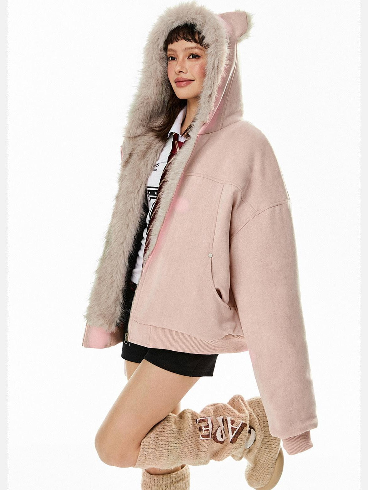 EZEK Cat Ear Hood Embroidered Women's Faux Suede Faux Fur Puffer Jackets