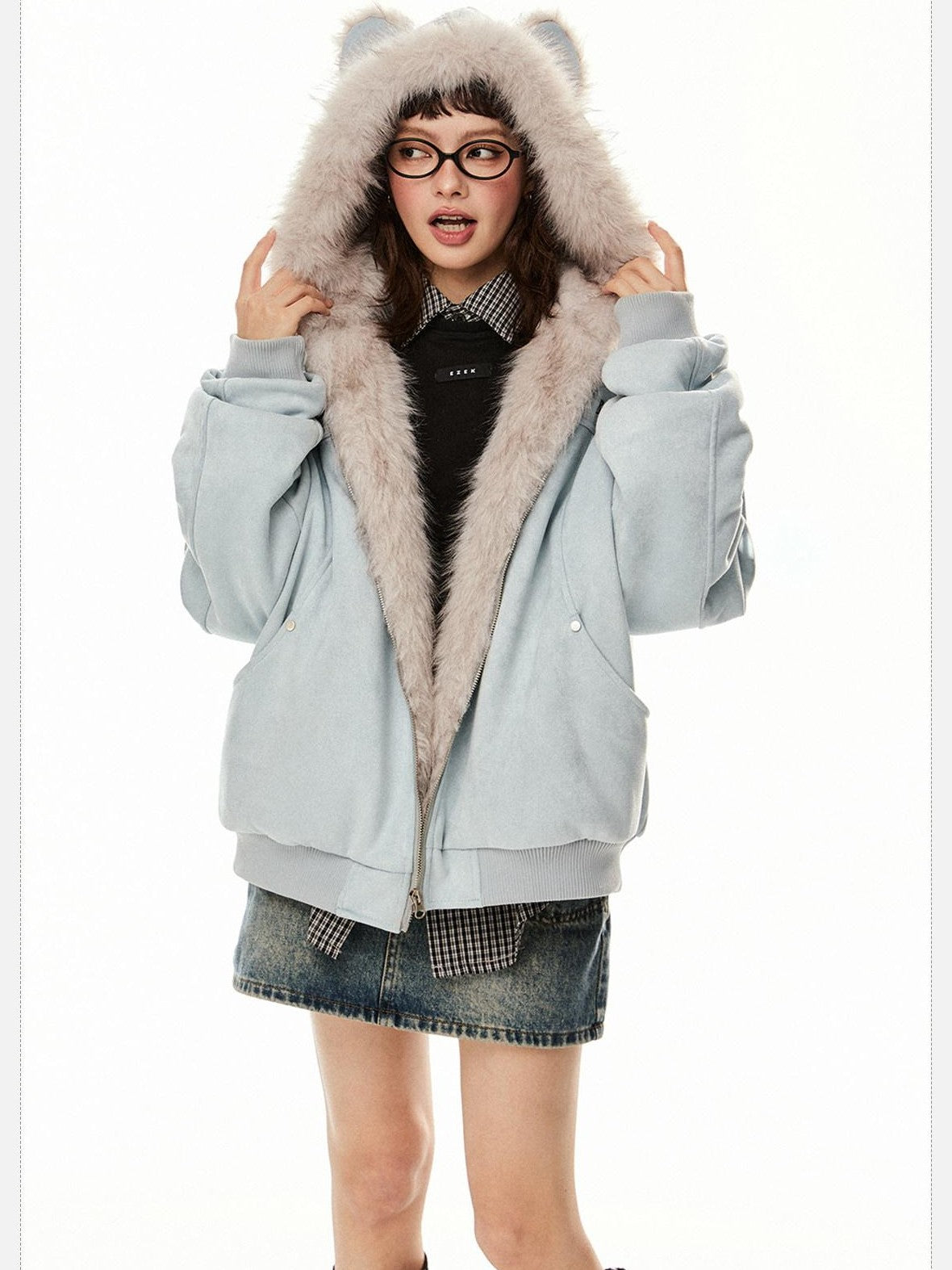 EZEK Cat Ear Hood Embroidered Women's Faux Suede Faux Fur Puffer Jackets