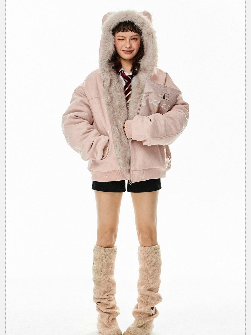 EZEK Cat Ear Hood Embroidered Women's Faux Suede Faux Fur Puffer Jackets