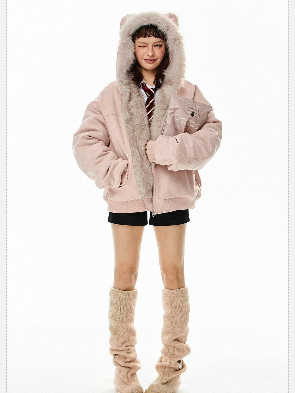 EZEK Cat Ear Hood Embroidered Women's Faux Suede Faux Fur Puffer Jackets