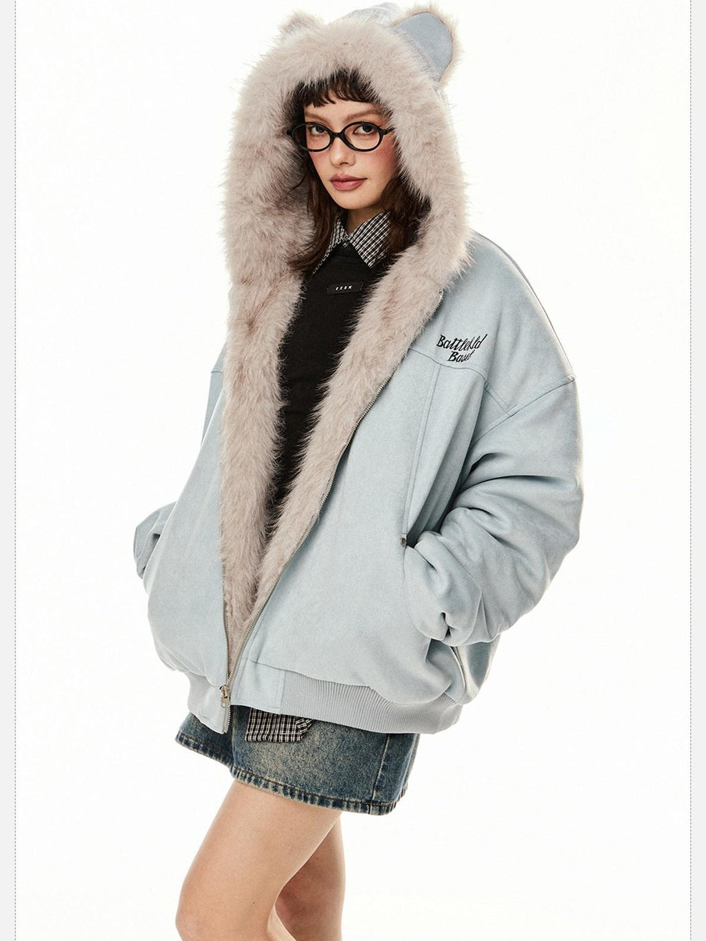 EZEK Cat Ear Hood Embroidered Women's Faux Suede Faux Fur Puffer Jackets