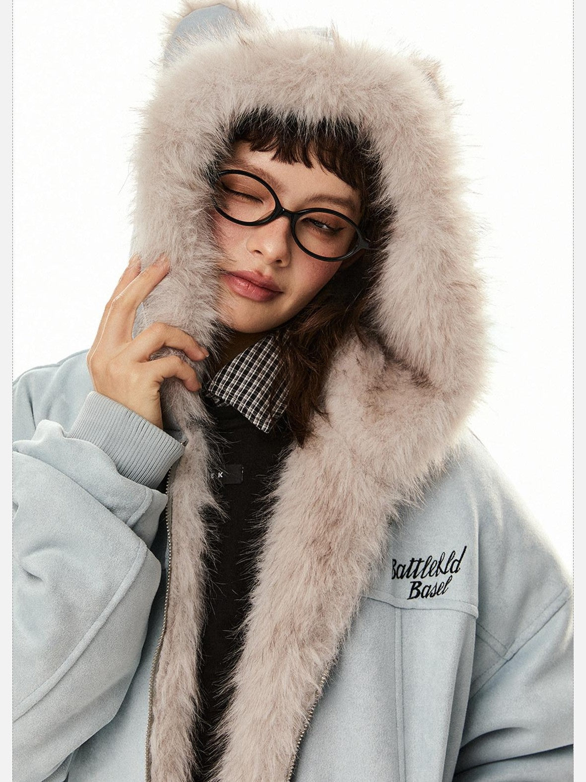 EZEK Cat Ear Hood Embroidered Women's Faux Suede Faux Fur Puffer Jackets