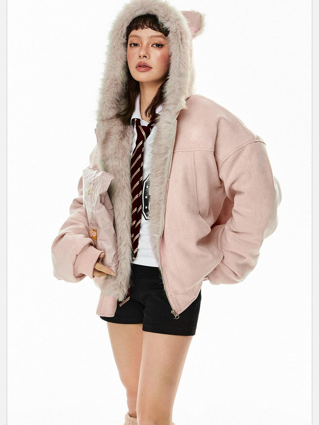 EZEK Cat Ear Hood Embroidered Women's Faux Suede Faux Fur Puffer Jackets