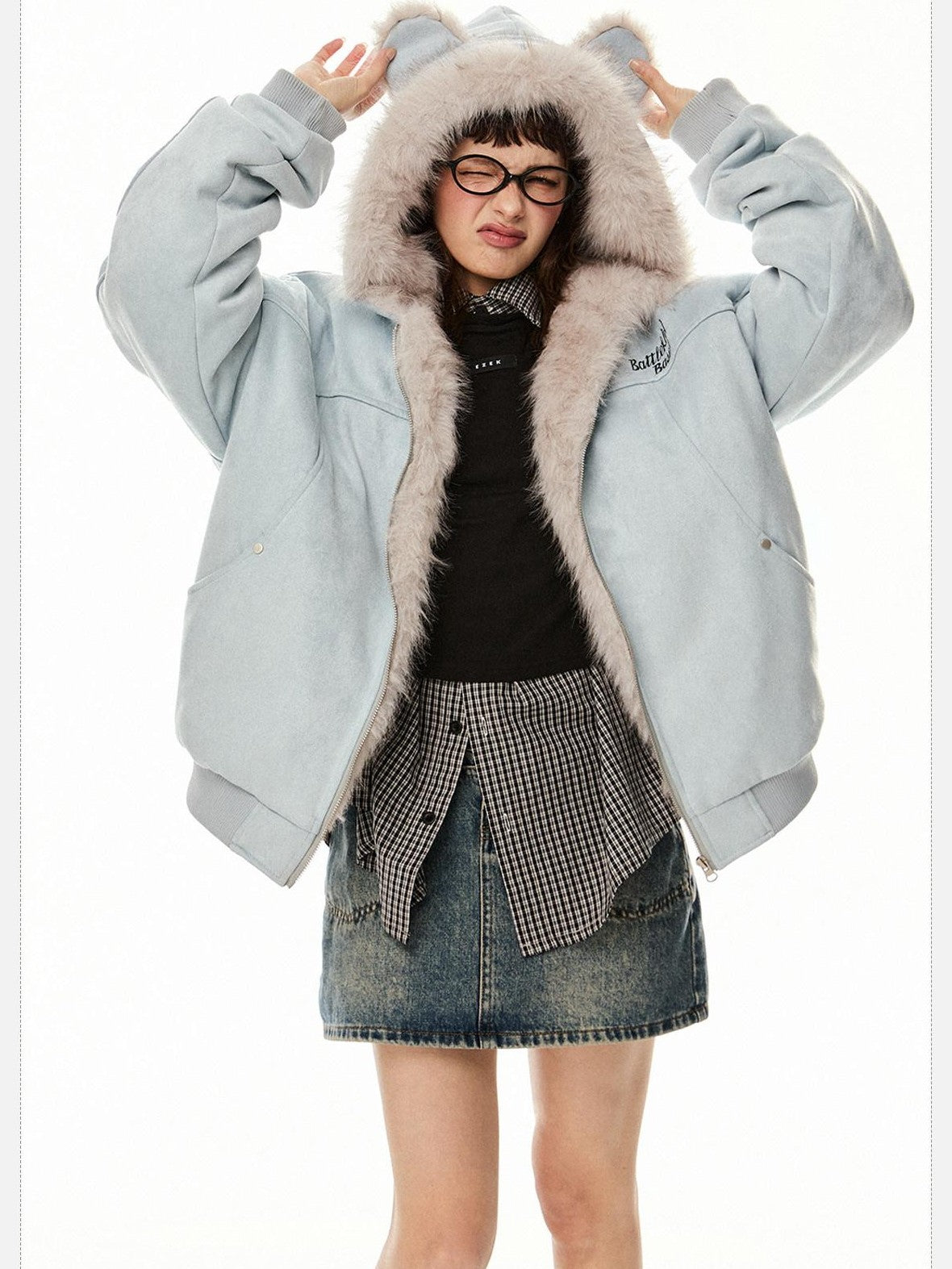 EZEK Cat Ear Hood Embroidered Women's Faux Suede Faux Fur Puffer Jackets