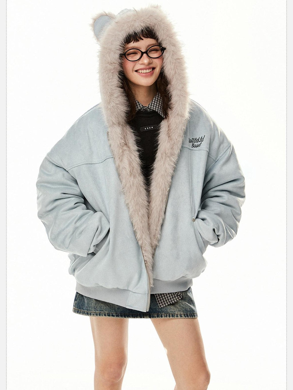 EZEK Cat Ear Hood Embroidered Women's Faux Suede Faux Fur Puffer Jackets