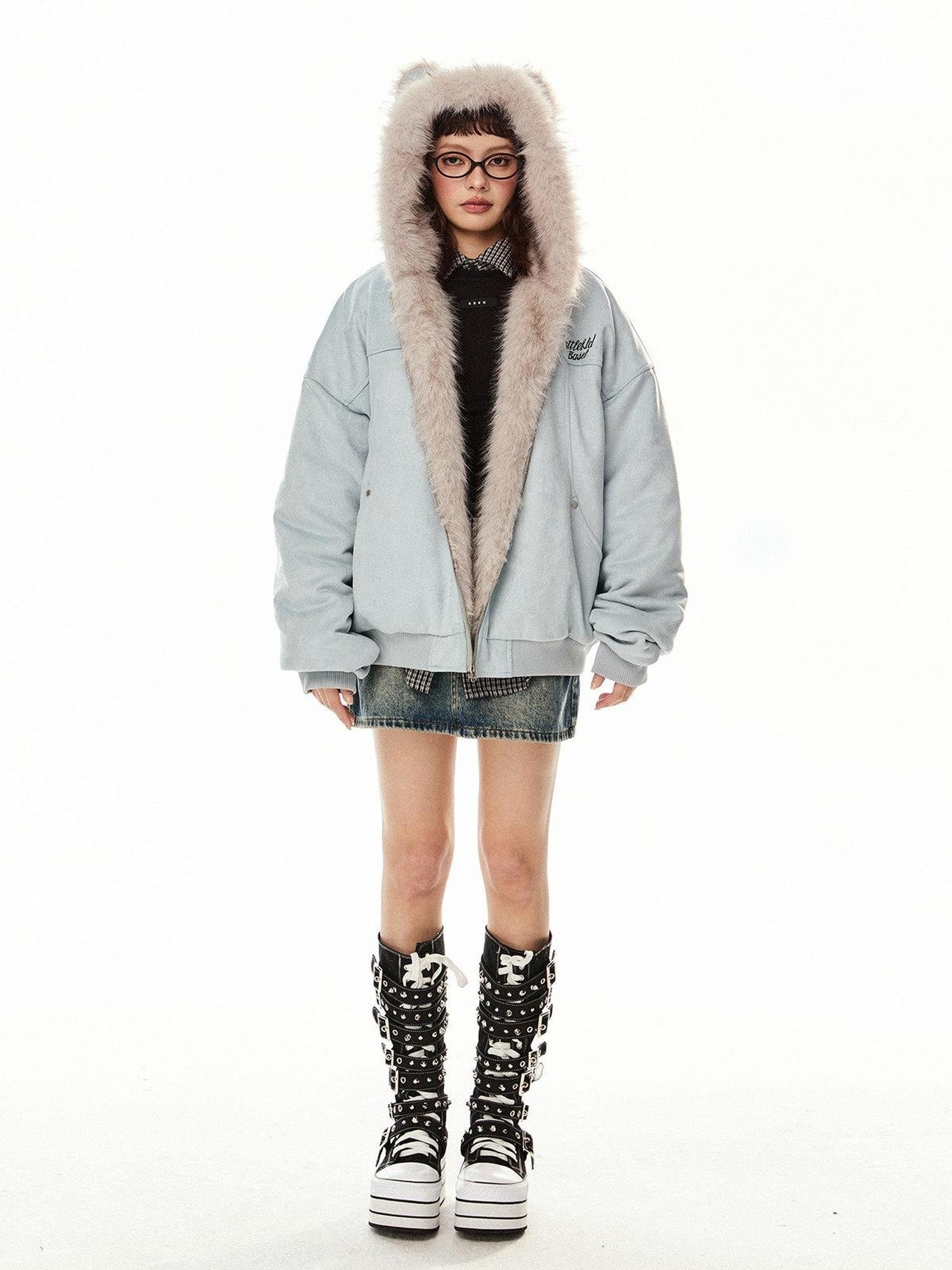 EZEK Cat Ear Hood Embroidered Women's Faux Suede Faux Fur Puffer Jackets