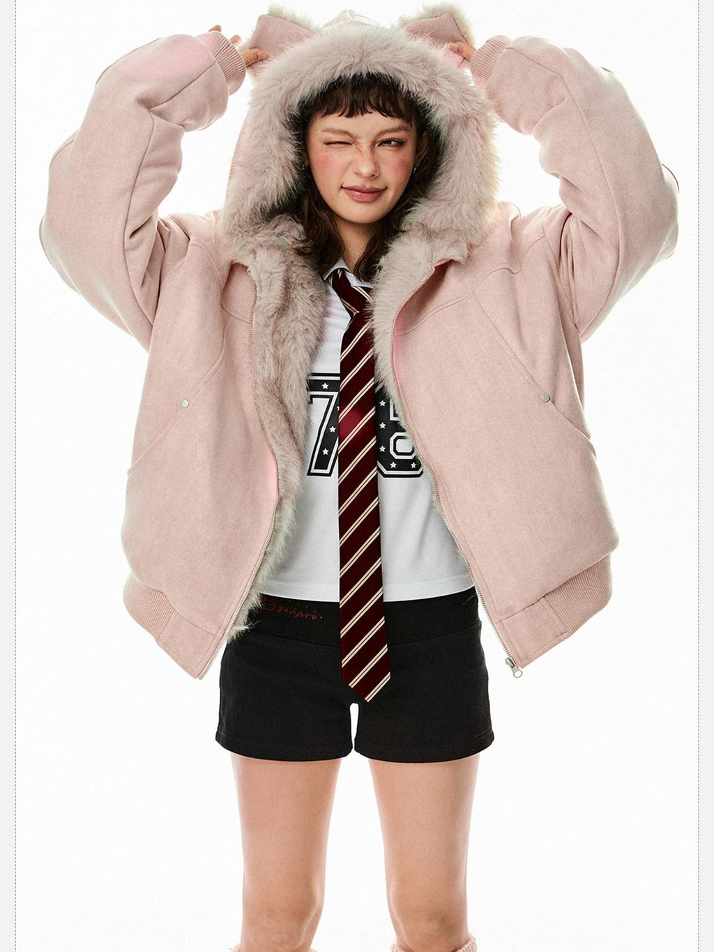 EZEK Cat Ear Hood Embroidered Women's Faux Suede Faux Fur Puffer Jackets