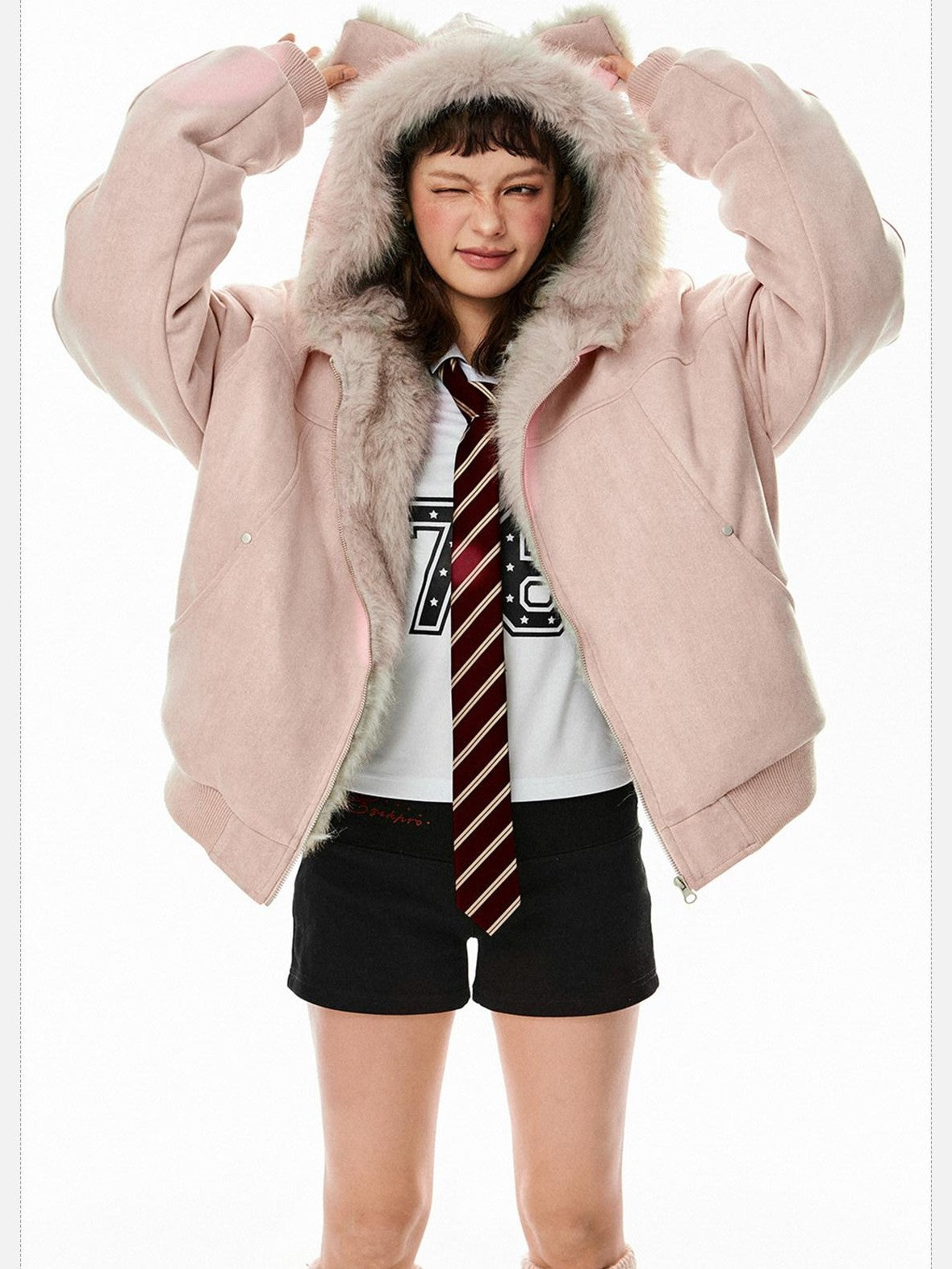 EZEK Cat Ear Hood Embroidered Women's Faux Suede Faux Fur Puffer Jackets