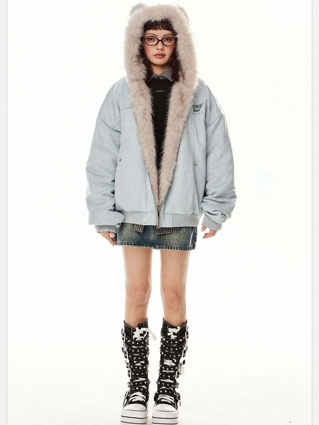 EZEK Cat Ear Hood Embroidered Women's Faux Suede Faux Fur Puffer Jackets