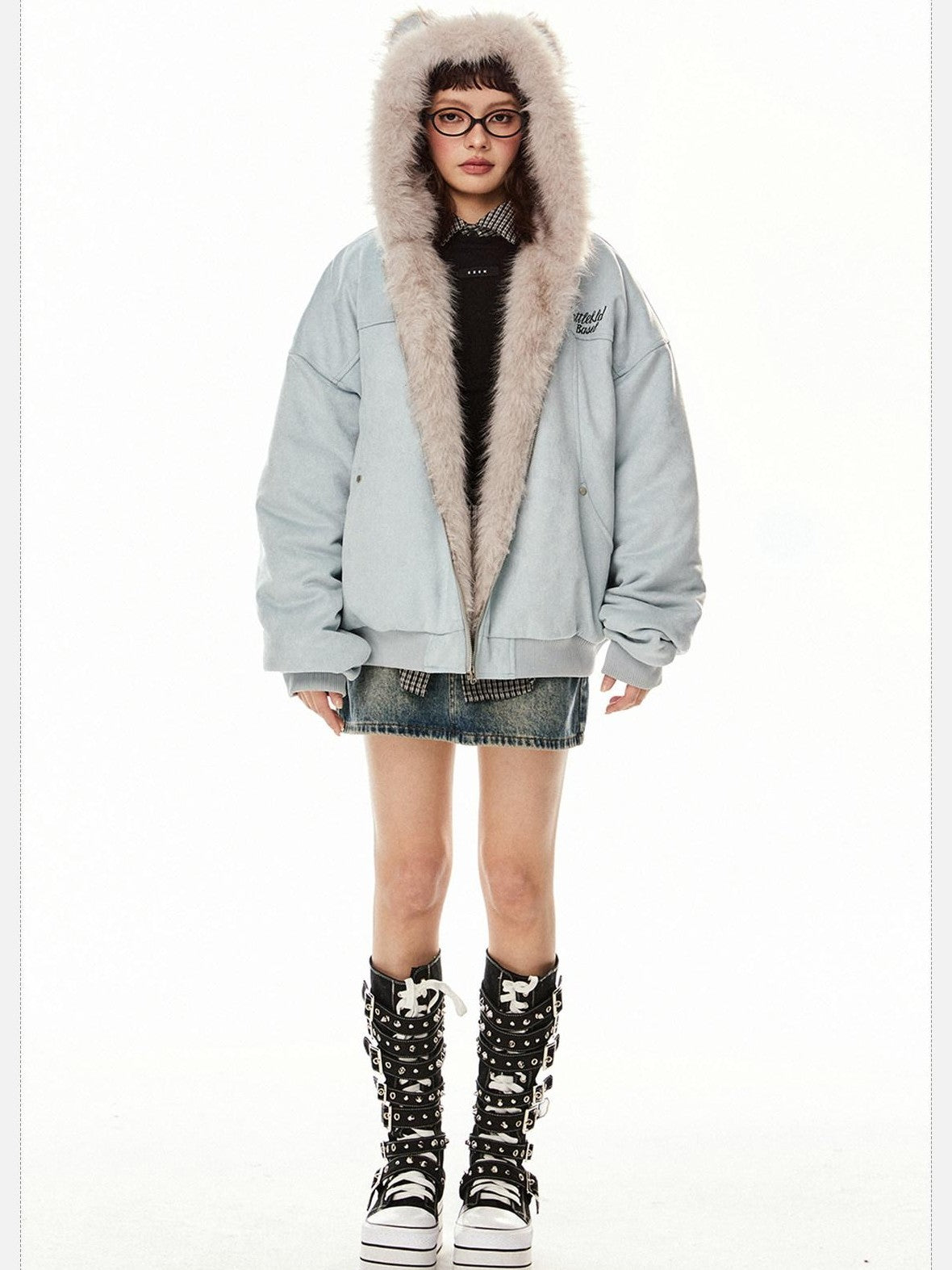 EZEK Cat Ear Hood Embroidered Women's Faux Suede Faux Fur Puffer Jackets