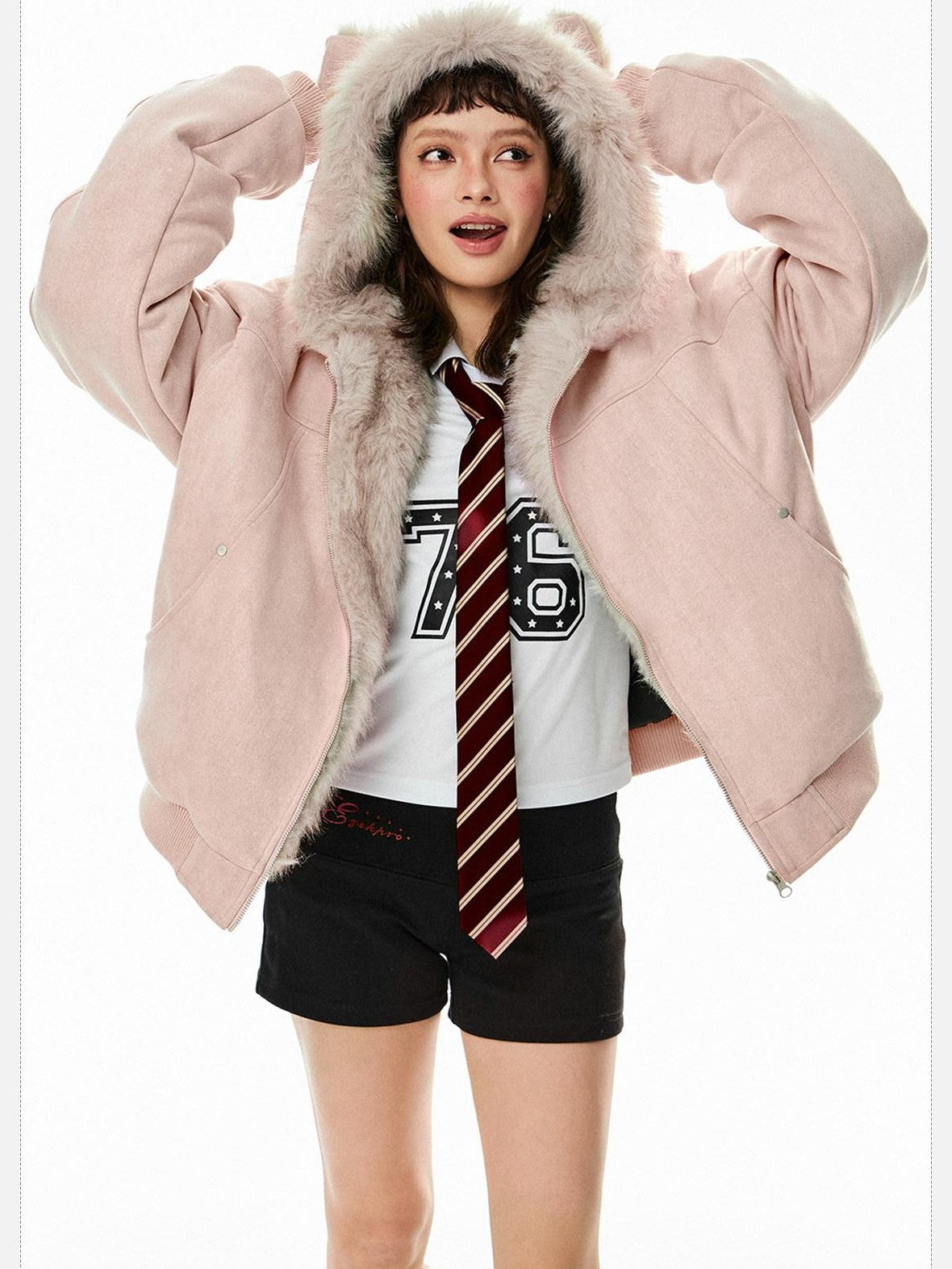 EZEK Cat Ear Hood Embroidered Women's Faux Suede Faux Fur Puffer Jackets