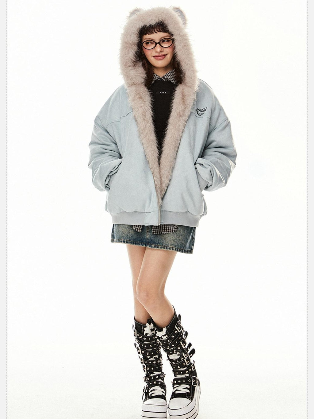 EZEK Cat Ear Hood Embroidered Women's Faux Suede Faux Fur Puffer Jackets