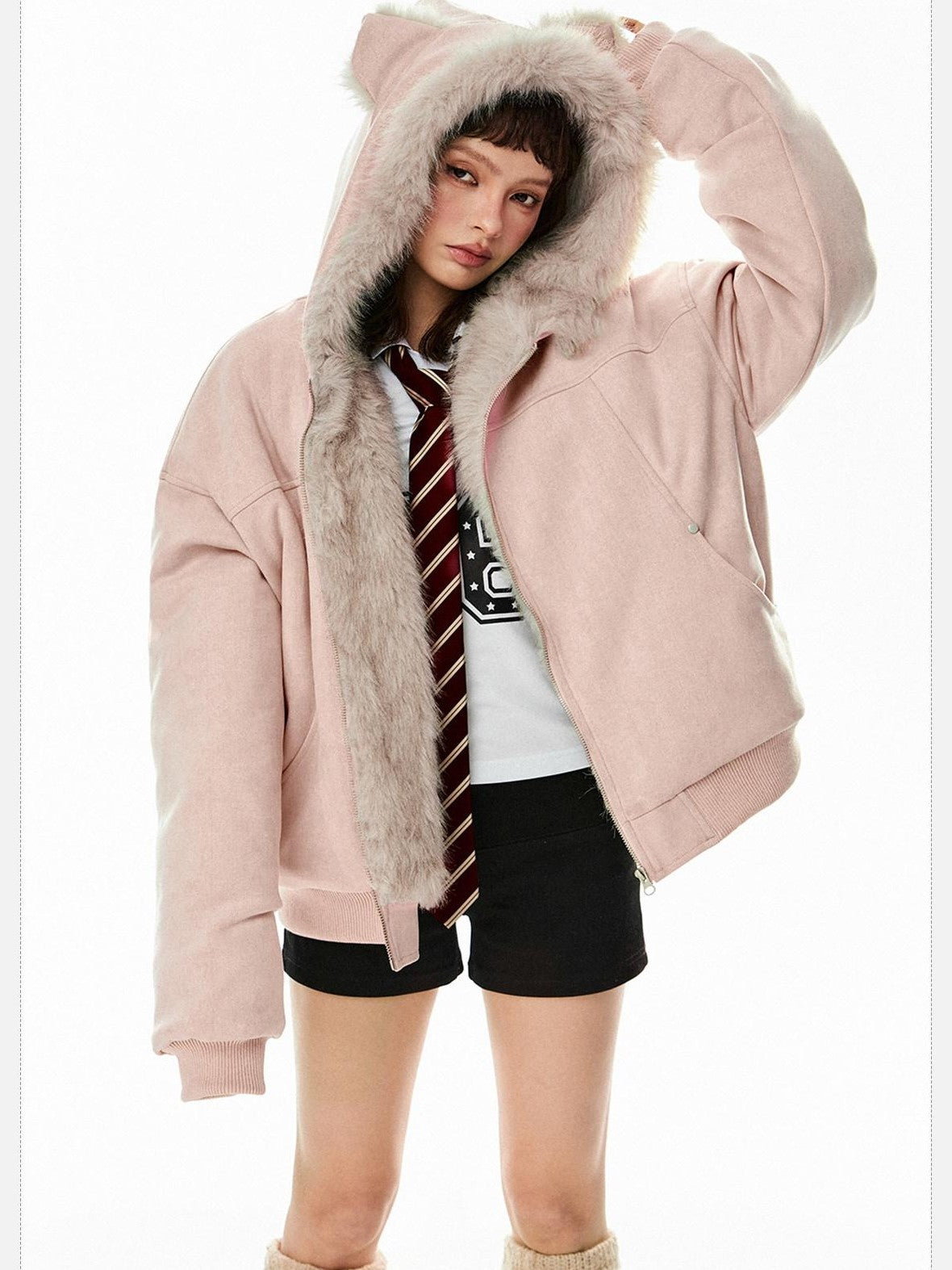 EZEK Cat Ear Hood Embroidered Women's Faux Suede Faux Fur Puffer Jackets