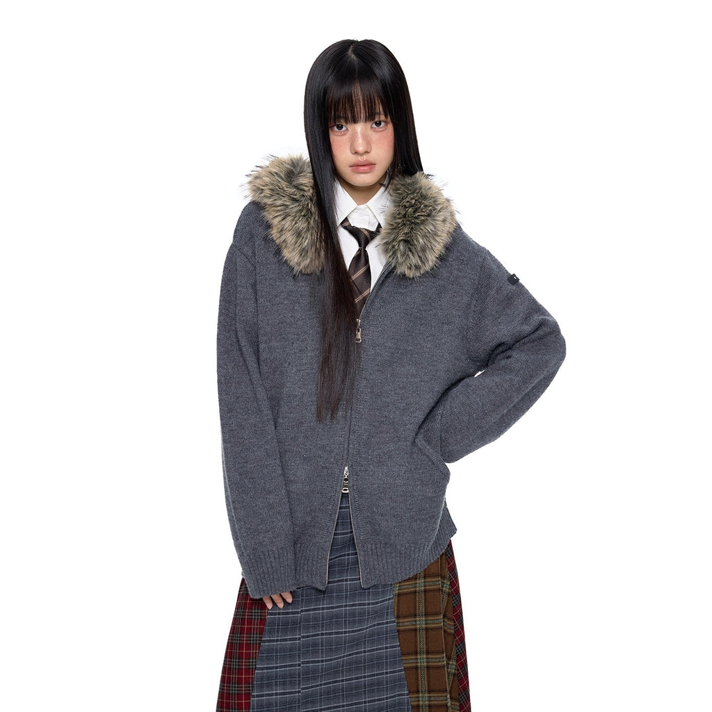 EZEK_Charcoal_Detachable_Fur_Collar_Knit_Hooded_Women's_Acrylic_Blend_Zip-up_Hoodies_977203171914_MISSTT