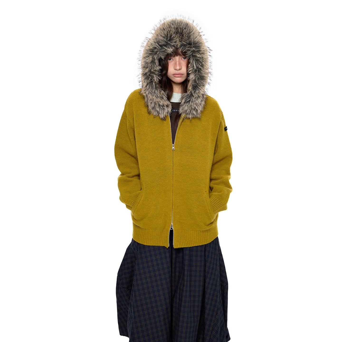 EZEK_Charcoal_Detachable_Fur_Collar_Knit_Hooded_Women's_Acrylic_Blend_Zip-up_Hoodies_977203171914_MISSTT