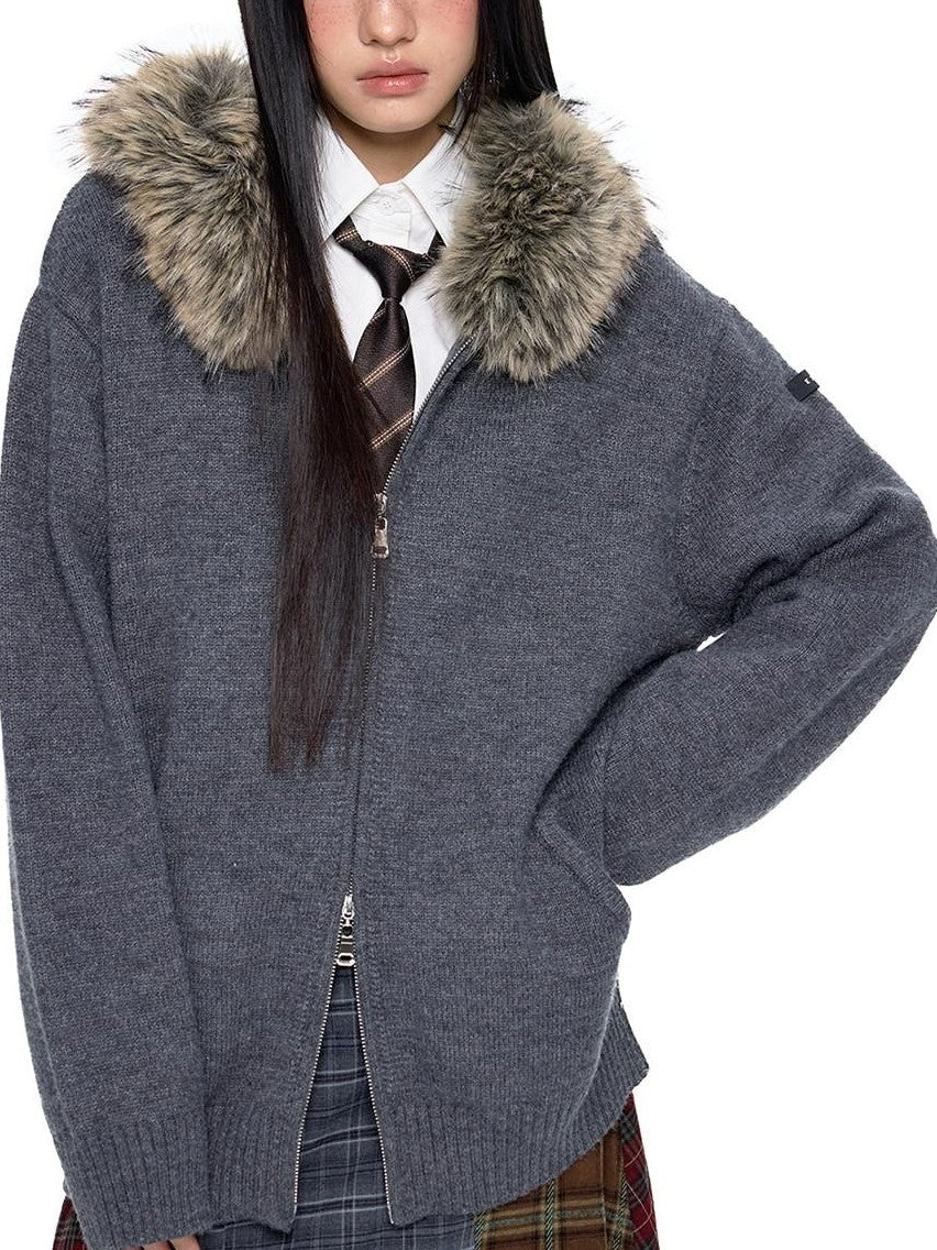 EZEK Charcoal Detachable Fur Collar Knit Hooded Women's Acrylic Blend Zip-up Hoodies