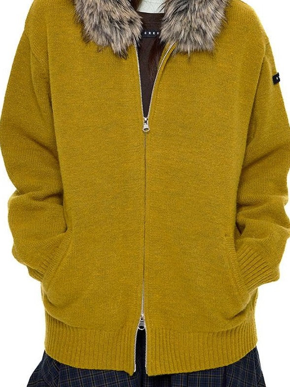EZEK Charcoal Detachable Fur Collar Knit Hooded Women's Acrylic Blend Zip-up Hoodies