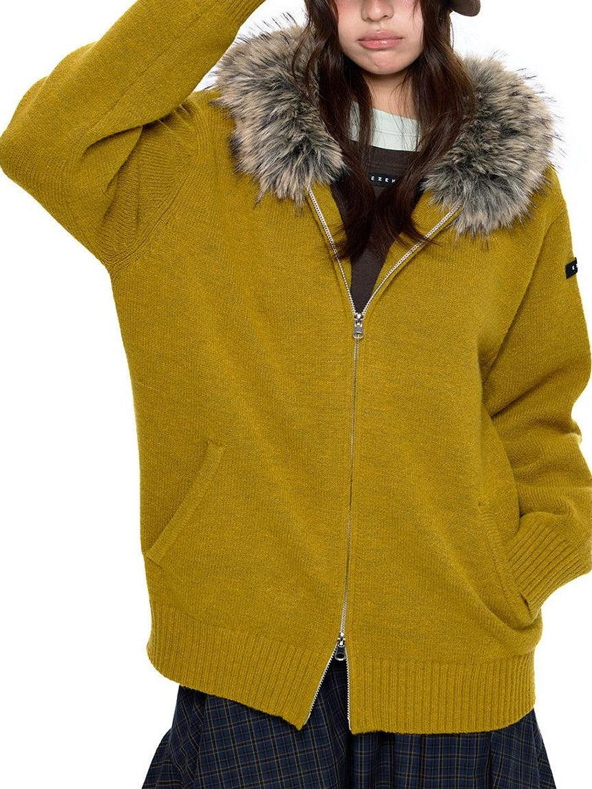 EZEK Charcoal Detachable Fur Collar Knit Hooded Women's Acrylic Blend Zip-up Hoodies