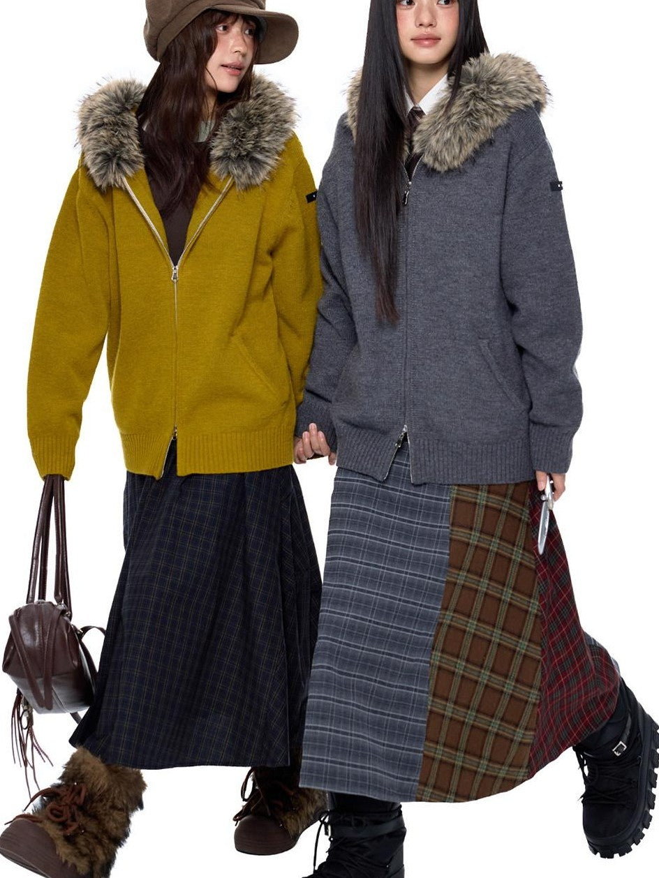EZEK Charcoal Detachable Fur Collar Knit Hooded Women's Acrylic Blend Zip-up Hoodies