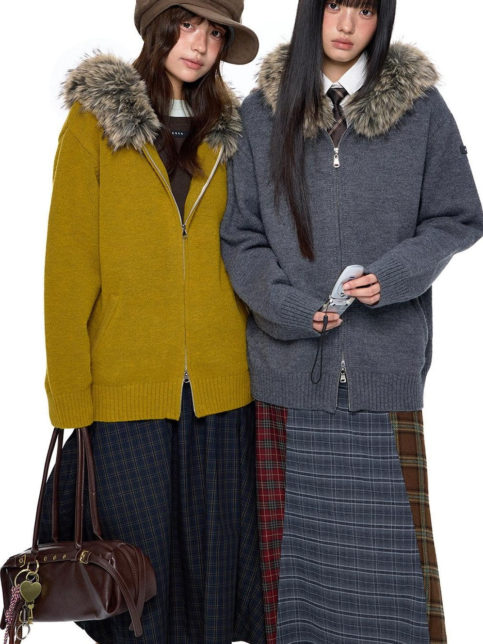 EZEK Charcoal Detachable Fur Collar Knit Hooded Women's Acrylic Blend Zip-up Hoodies