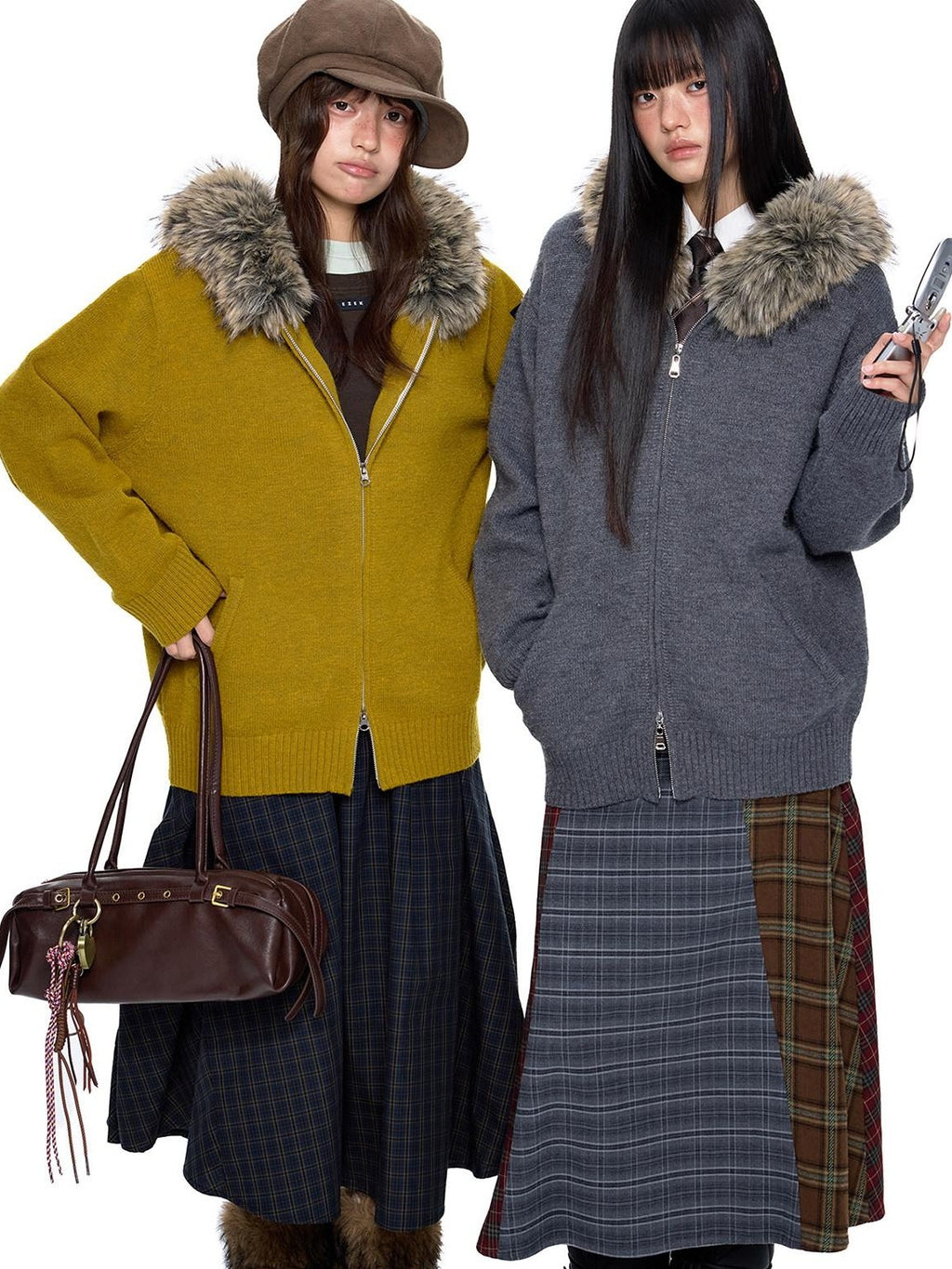 EZEK Charcoal Detachable Fur Collar Knit Hooded Women's Acrylic Blend Zip-up Hoodies