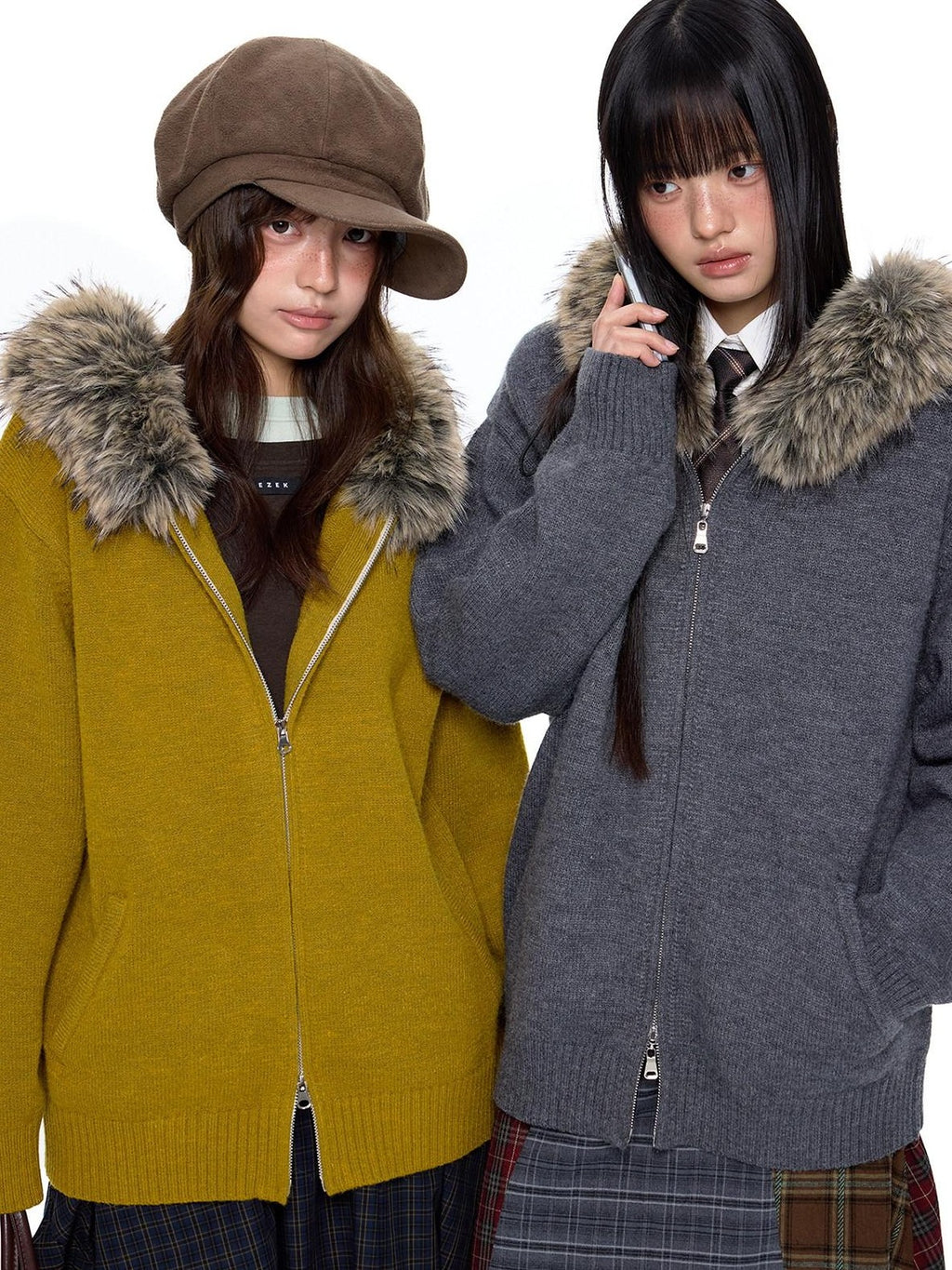 EZEK Charcoal Detachable Fur Collar Knit Hooded Women's Acrylic Blend Zip-up Hoodies