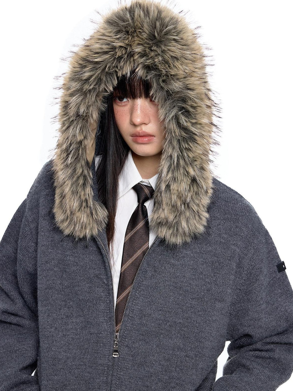 EZEK Charcoal Detachable Fur Collar Knit Hooded Women's Acrylic Blend Zip-up Hoodies