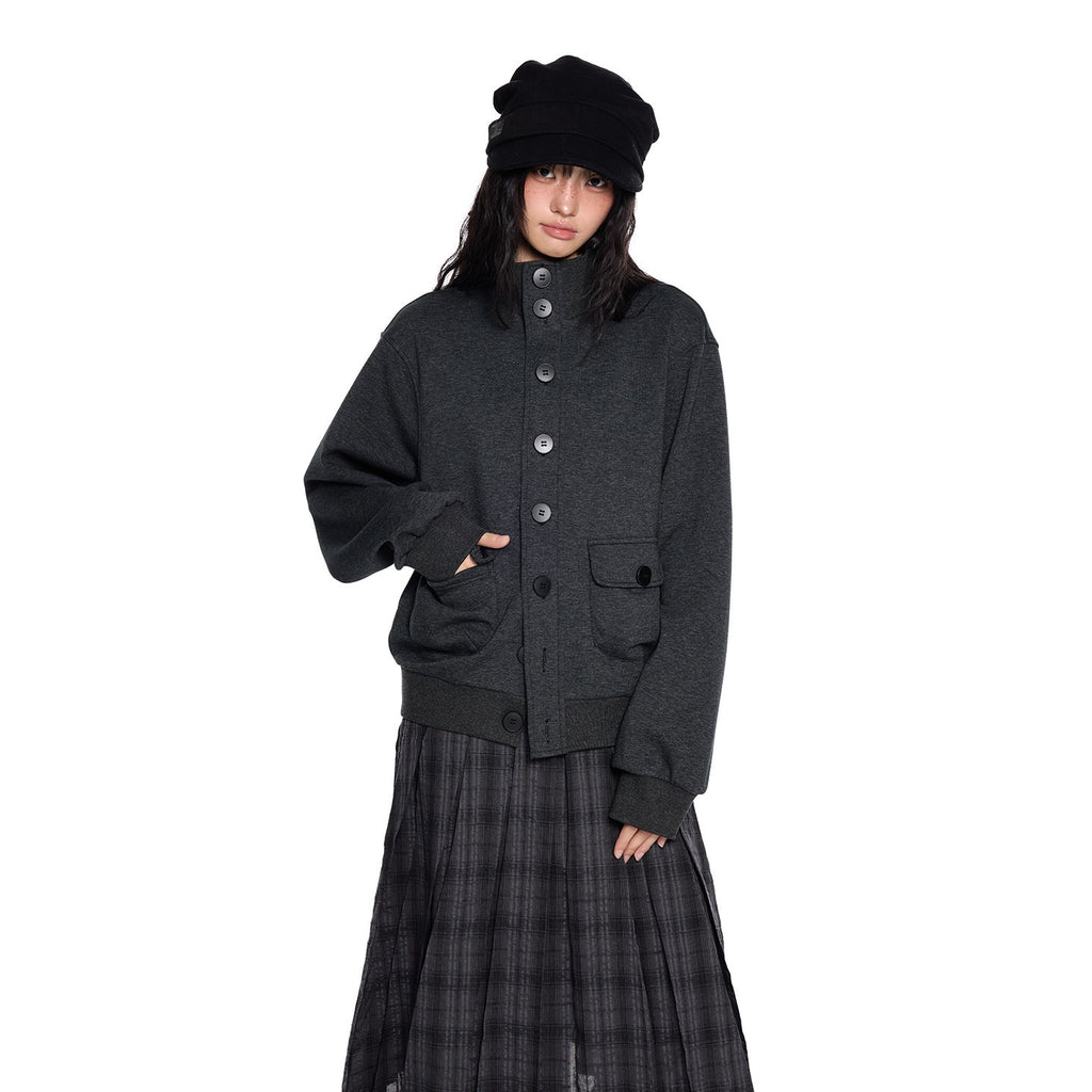 EZEK_Charcoal_Stand_Collar_Button_Pocket_Retro_Loose_Women's_Cotton_Casual_Jackets_1057520948076_MISSTT