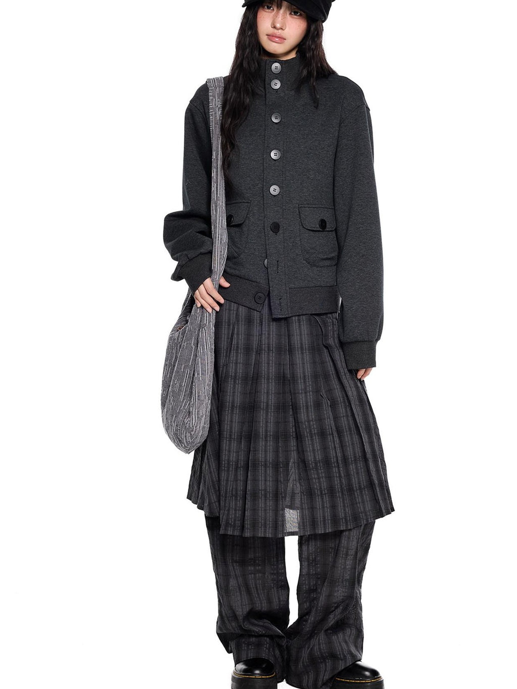 EZEK Charcoal Stand Collar Button Pocket Retro Loose Women's Cotton Casual Jackets