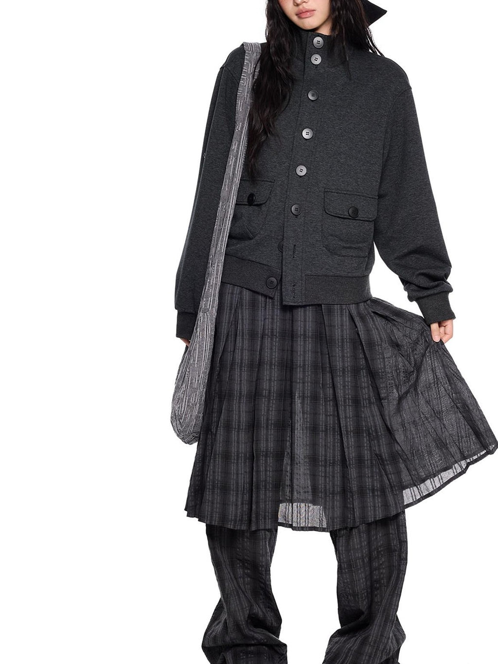 EZEK Charcoal Stand Collar Button Pocket Retro Loose Women's Cotton Casual Jackets