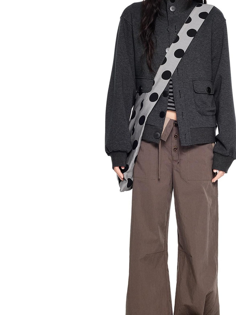EZEK Charcoal Stand Collar Button Pocket Retro Loose Women's Cotton Casual Jackets