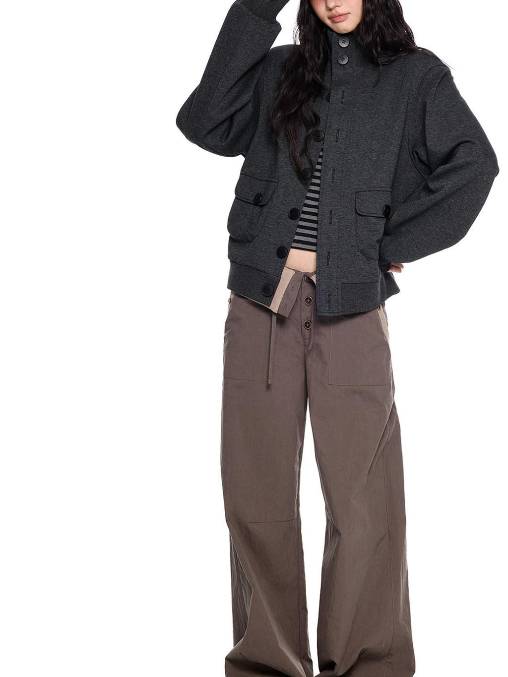 EZEK Charcoal Stand Collar Button Pocket Retro Loose Women's Cotton Casual Jackets