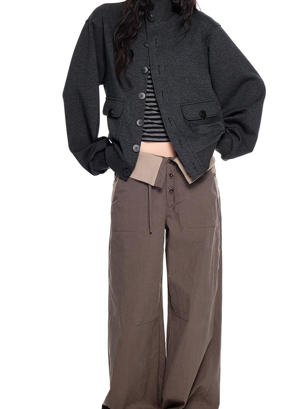 EZEK Charcoal Stand Collar Button Pocket Retro Loose Women's Cotton Casual Jackets