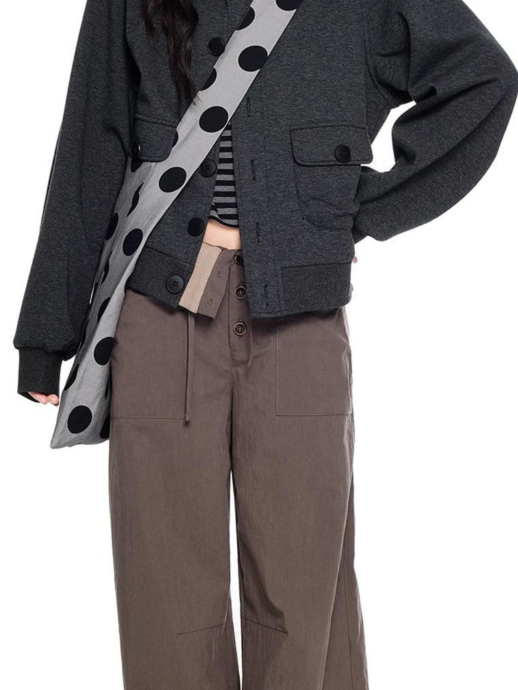 EZEK Charcoal Stand Collar Button Pocket Retro Loose Women's Cotton Casual Jackets