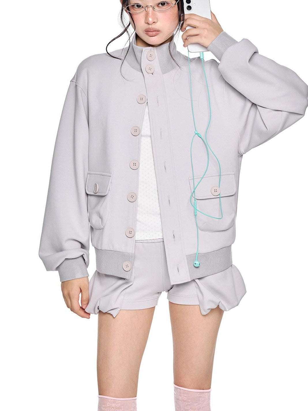 EZEK Charcoal Stand Collar Button Pocket Retro Loose Women's Cotton Casual Jackets