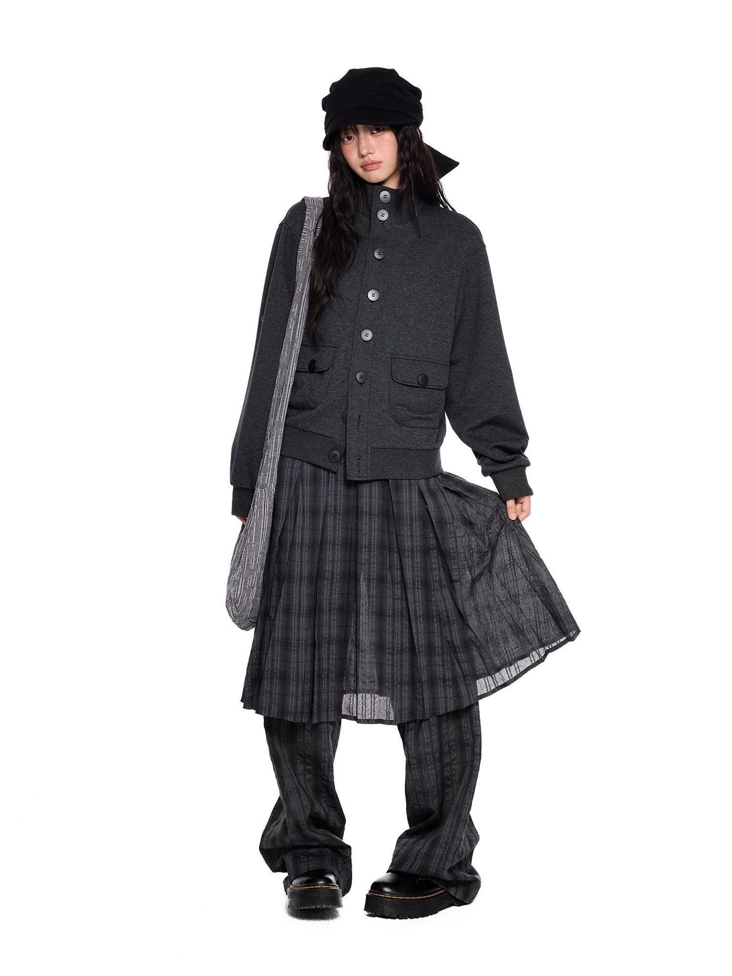 EZEK Charcoal Stand Collar Button Pocket Retro Loose Women's Cotton Casual Jackets