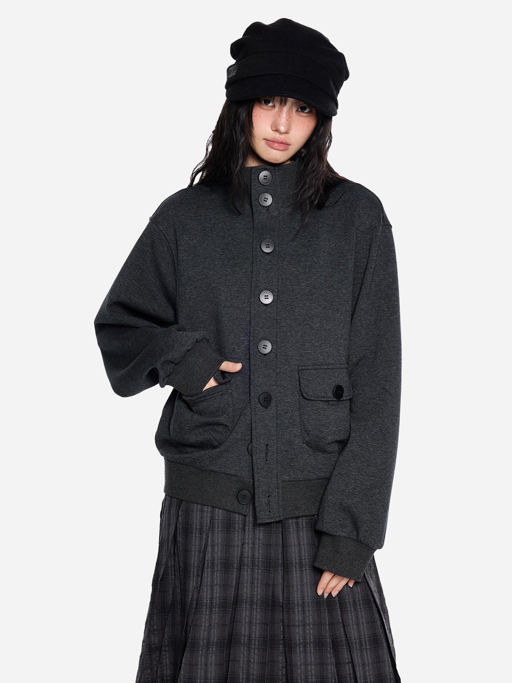 EZEK Charcoal Stand Collar Button Pocket Retro Loose Women's Cotton Casual Jackets