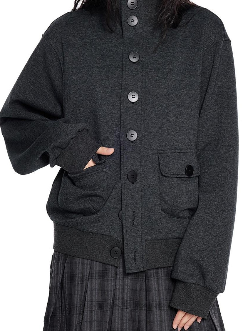 EZEK Charcoal Stand Collar Button Pocket Retro Loose Women's Cotton Casual Jackets