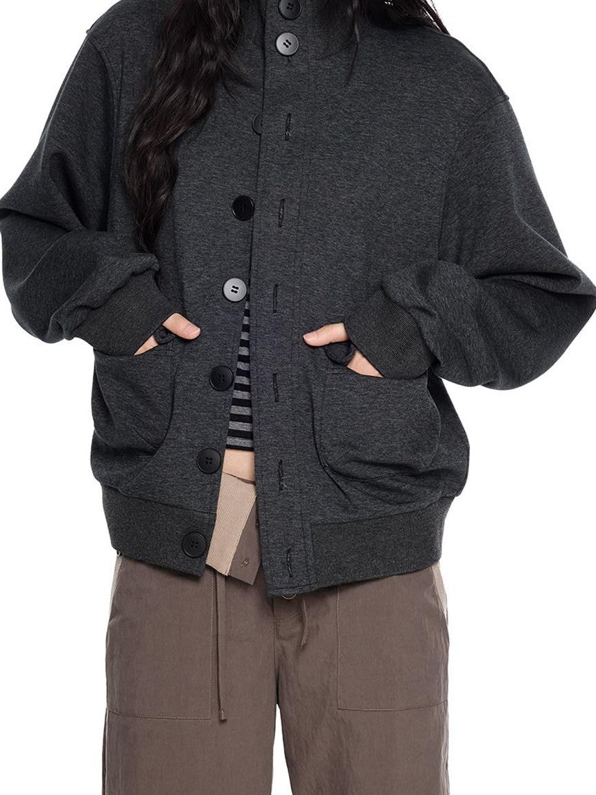 EZEK Charcoal Stand Collar Button Pocket Retro Loose Women's Cotton Casual Jackets