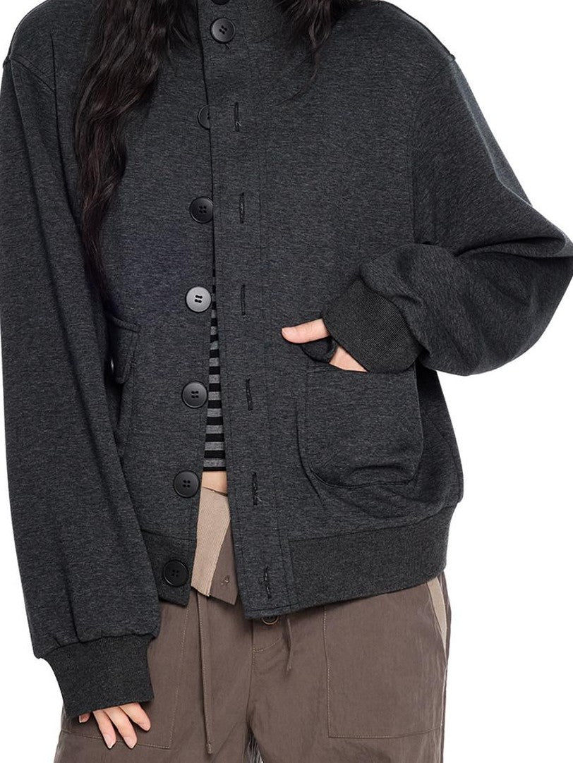 EZEK Charcoal Stand Collar Button Pocket Retro Loose Women's Cotton Casual Jackets