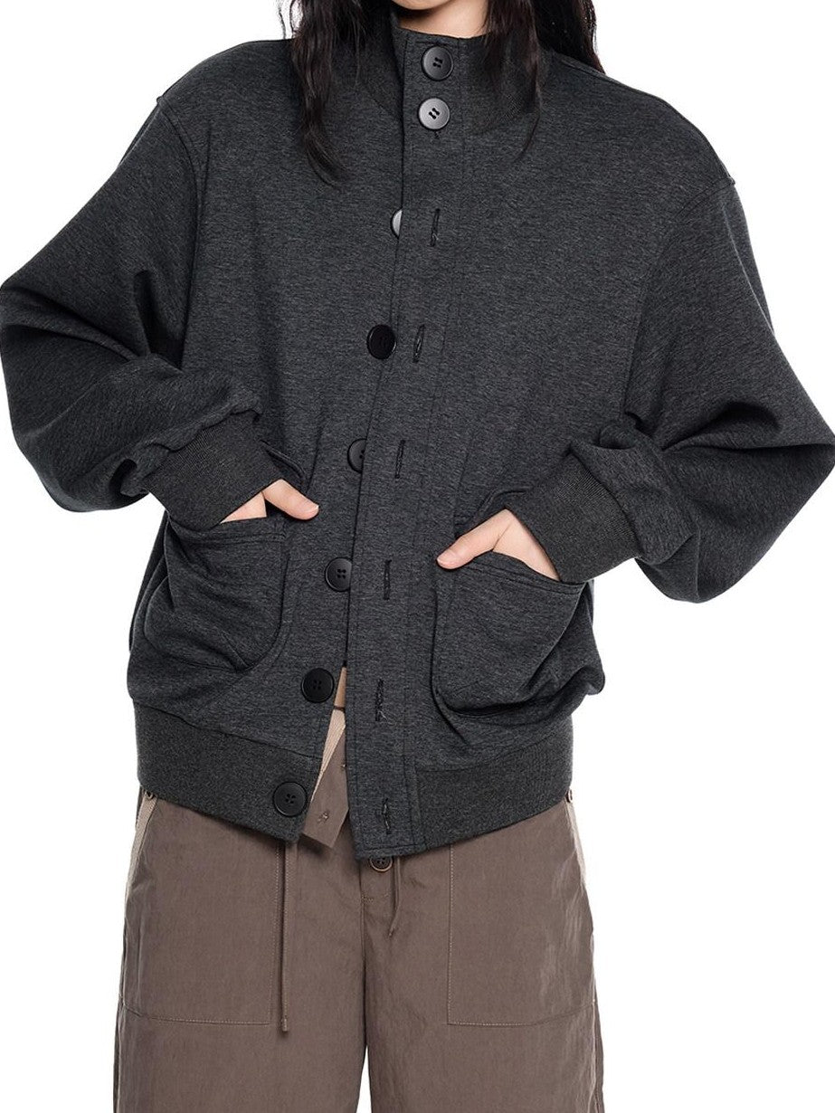 EZEK Charcoal Stand Collar Button Pocket Retro Loose Women's Cotton Casual Jackets