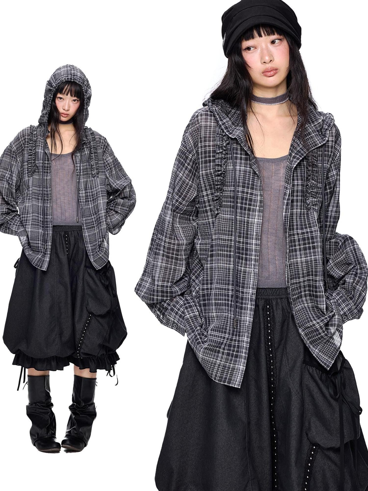 EZEK Checked Shirred Hooded Vintage Women's Cotton Blend Shirt Jackets